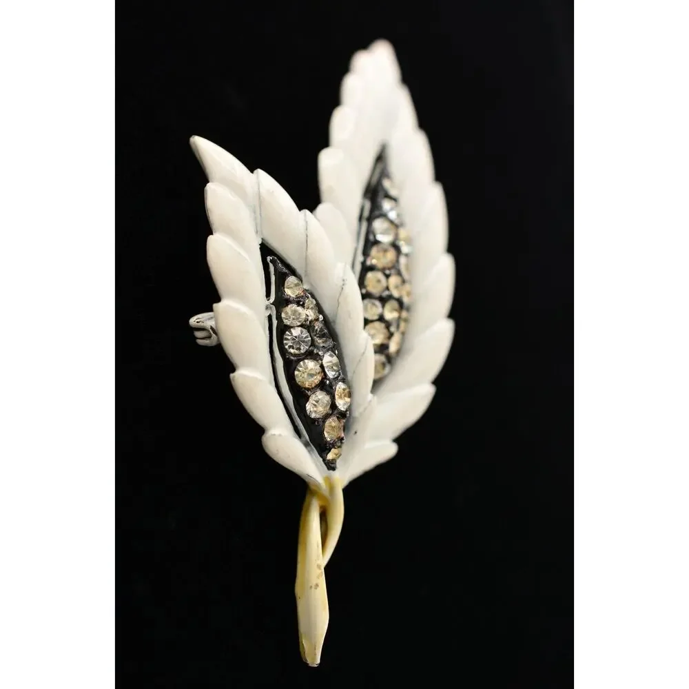 Vintage Leaf Pin Brooch Rhinestone Crystal White Enamel Chunky 1990s BinAT